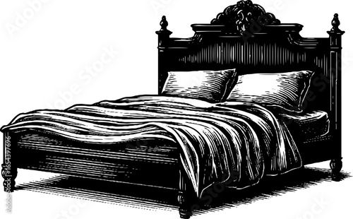 Art deco bedroom interior design featuring elegant engraved bed silhouette for posters and prints