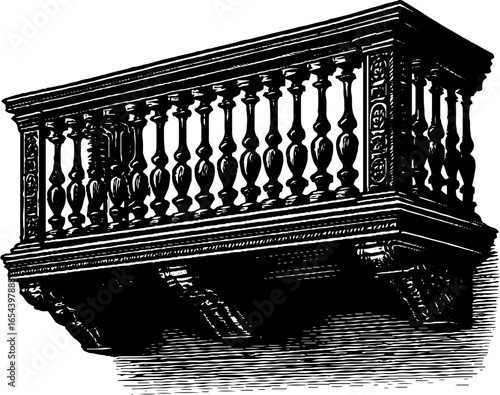 Engraved illustration art nouveau wrought iron balcony vintage sketch hand drawn engraving.