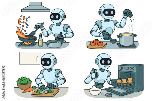 Futuristic robots cooking in modern kitchen, culinary technology, artificial intelligence chefs, food preparation, baking, chopping vegetables, seasoning soup, frying pan, vector illustration