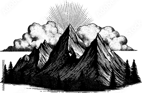 Majestic aurora borealis over mountain landscape in vintage engraving style