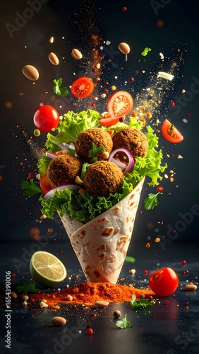 Fresh vegetable falafel wraps with salad and toppings falling into place on dark background vibrant ingredients and spices in motion