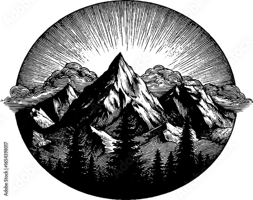 Hand drawn engraving of aurora borealis above majestic mountain landscape for retro design