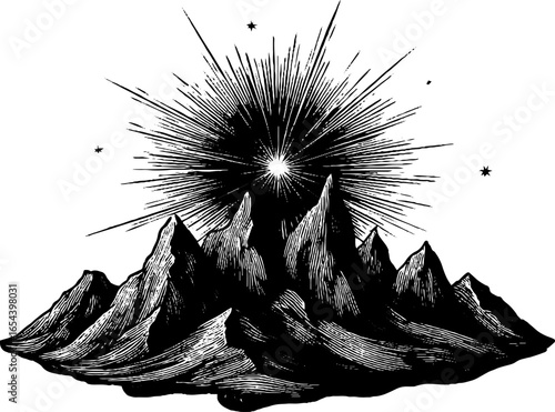 Aurora borealis over mountain peaks in engraved vintage silhouette