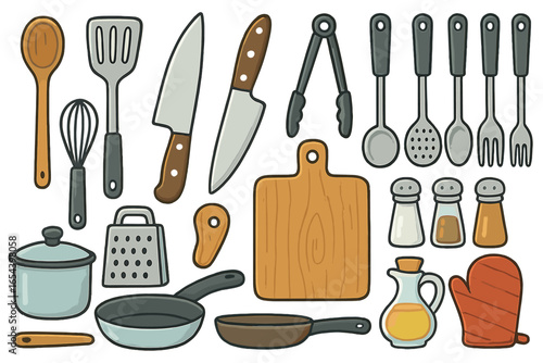 Kitchen utensils and cooking tools collection. Chef equipment set. Cookware, cutlery, utensils, whisk, spatula, knife, tongs, grater, pan, pot, cutting board, oven mitt, seasoning, vector illustration