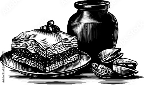 Vintage engraving of baklava slice with pistachios and jar for retro design