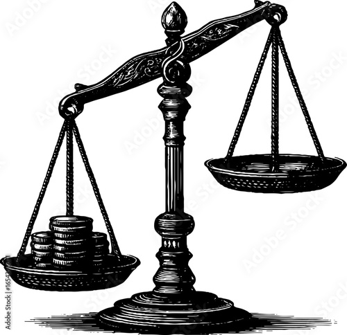 Vintage engraving of balance scale with coins - concept of wealth and justice