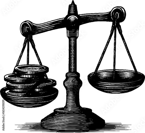 Vintage engraving of balance scale with coins for financial concepts and design