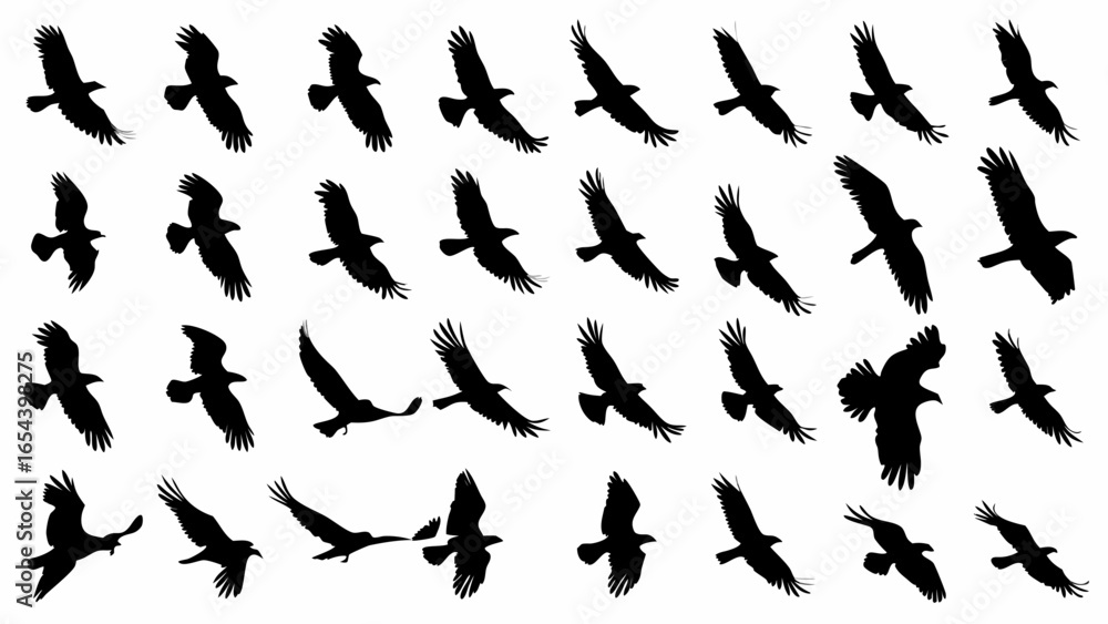 Naklejka premium Silhouette depiction of a flock of eagles in various stages of flight across a white background plane