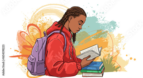Focused student immersed in reading with books and a backpack in artistic style