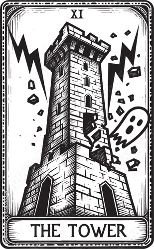 The Tower Tarot Card with Falling Tower and Destruction Illustration