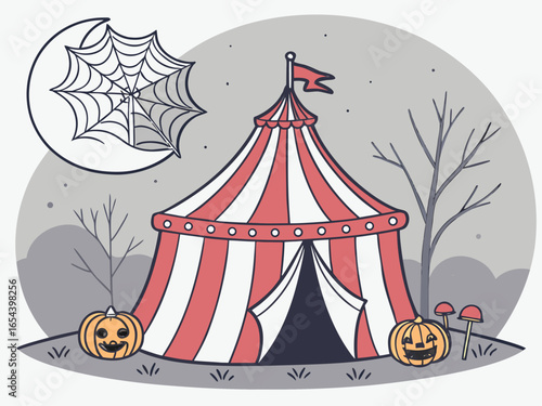 Flat illustration of a spooky carnival tent with Halloween decorations.