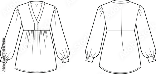 Front and back view long sleeve blouse, V neckline with gathered bust, puff sleeves with button cuffs, waist seam, fashion flat sketch, garment technical cad vector illustration