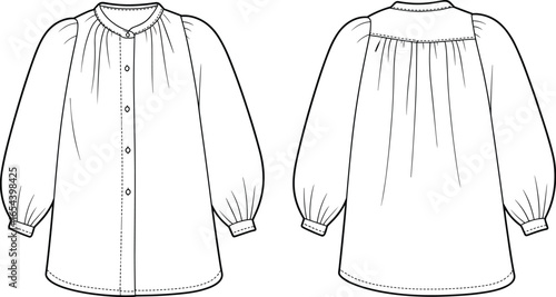 Front and back view long sleeve blouse, round neckline with gathered shoulders and cuffs, button front closure, yoke back, fashion flat sketch, garment technical cad vector illustration