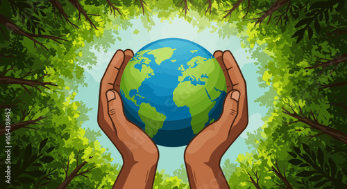 Protecting our planet: Hands holding the earth in a lush forest environment