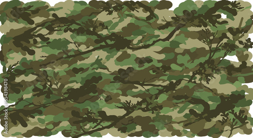 Camouflage pattern with green brown and branches creating a natural disguise