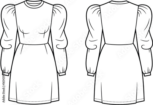 Front and back view long puff sleeve dress, fitted waist, round neckline, fashion flat sketch, garment technical drawing, clothing template, cad vector illustration
