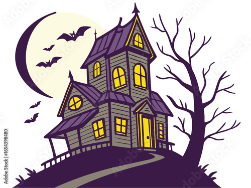 Flat vector illustration of a haunted house on a hill with glowing windows and bats flying.