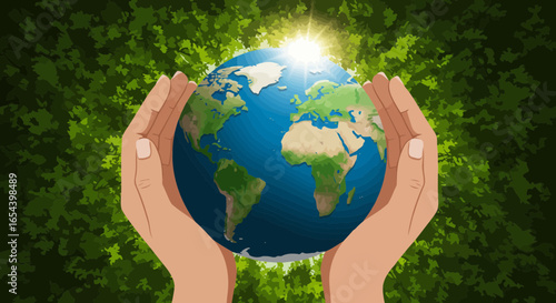 Protecting the Earth: Hands Holding Globe with Sunlight and Green Trees