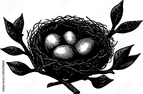 Vintage hand drawn engraving of bird nest with eggs for nature-inspired design