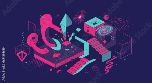 Abstract isometric illustration of geometric shapes with galaxies and cosmic elements