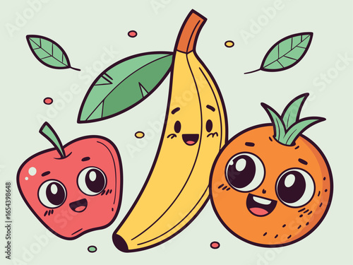 Cartoon-style vector illustration of healthy fruits with cute expressions.