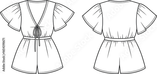 Front and back view romper CAD drawing, V neckline tie closure, short flared sleeves, cinched waist, loose fit shorts, technical fashion vector illustration