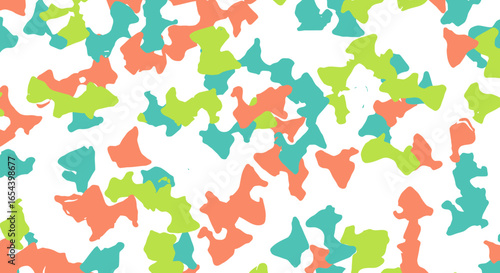 Camouflage pattern with orange green and teal irregular blobs on a white background