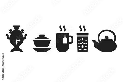 Global tea culture vector icon set. Solid glyph illustrations of international tea traditions. Russian samovar, Chinese gaiwan, Moroccan glass, Japanese teapot, tea cup.