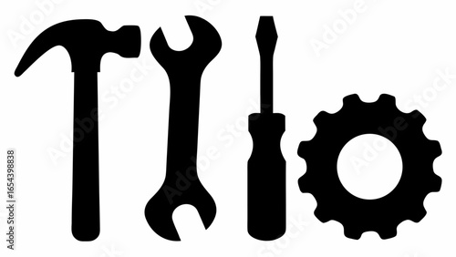 Black silhouettes of a hammer wrench screwdriver and gear arranged side by side on a white background