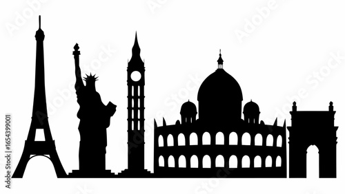 Silhouette of world landmarks including eiffel tower statue of liberty big ben and a large domed building