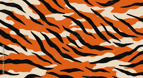 Camouflaged tiger print with black stripes on orange and tan patches