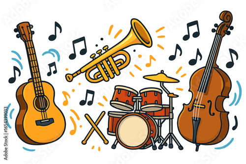 Vibrant Musical Instruments Ensemble Cartoon Vector. Acoustic Guitar, Drum Set, Trumpet, Double Bass, Notes, Sound, Lively Band Orchestra, Jazz Performance, Transparent Background Clip Art