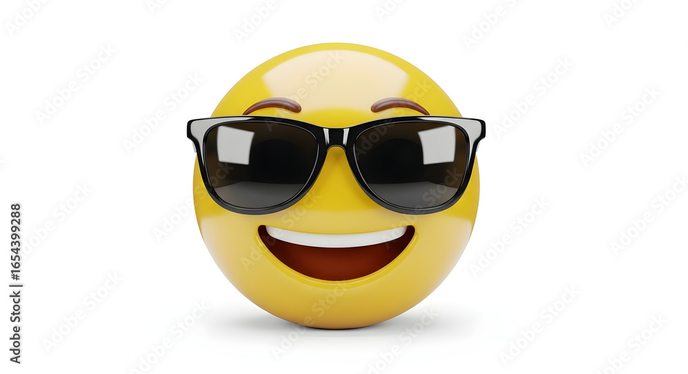 Cool yellow emoji wearing black sunglasses smiling with open mouth on white background Cool yellow emoji wearing black sunglasses smiling with open mouth on white background