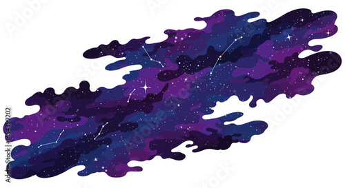 Cosmic scene features dark purple nebula with white starlight specks  clusters on a white background