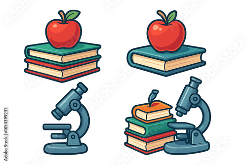 Vector cartoon illustration of educational tools with books, apples, and microscopes. Colorful digital design for learning and science themes. School study concept. Transparent background.