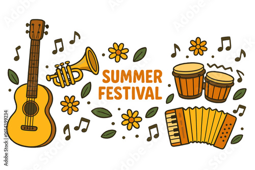 Summer festival music celebration vector illustration with guitar, trumpet, bongos, accordion, floral decorations, music notes, and colorful instruments for outdoor party design