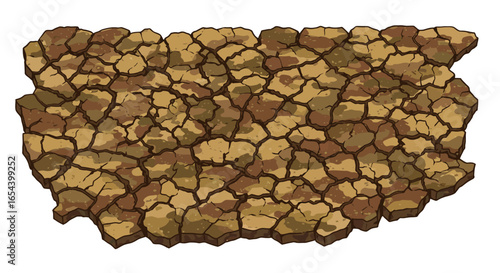 Cracked dry earth patch with varied brown hues and dark outlines against a white background