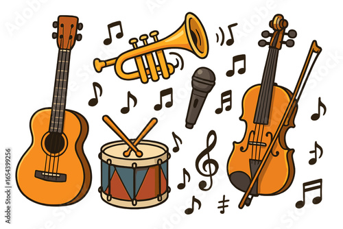 Vector illustration of musical instruments with notes. Cartoon guitar, violin, trumpet, drum, microphone, music symbols and sound elements. Modern flat design for creative music concepts