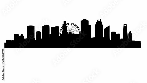 Silhouette of a city skyline featuring tall buildings and a ferris wheel against a white background viewscape