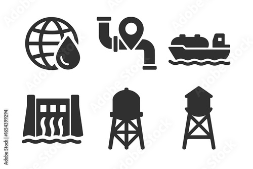 Global water supply and management icon set. Solid glyphs collection of world water resources, pipeline, tanker ship, hydroelectric dam, and water tower. Infrastructure concept.