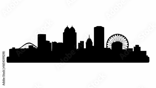 Silhouette of a city skyline with a bridge, tall buildings, and a ferris wheel, all in black and white