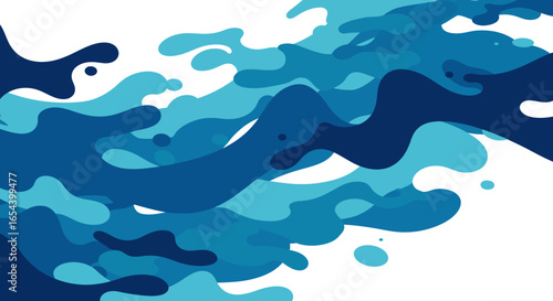Dynamic bluetoned vector art of stylized water waves in motion on a white backdrop