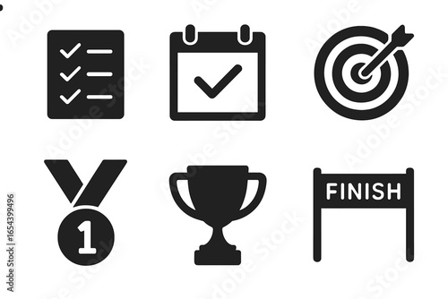Goal achievement vector icon set. Solid glyphs for business success, strategy, and winning. Includes checklist, calendar, target, medal, trophy, and finish line symbols.