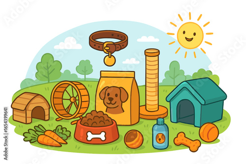 Pet Supplies and Accessories Vector Illustration. Dog Food, Collar, Toys, Houses, Scratch Post, Wheel, Carrots, Bowl, Leash, Sunny Outdoor Setting. Cartoon Animal Care Essentials.