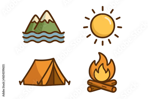 Outdoor camping adventure icons. Mountain landscape, sun, tent, campfire, water river. Vector cartoon illustration. Hiking, travel, nature escape, holiday leisure. Exploration, wilderness, journey.