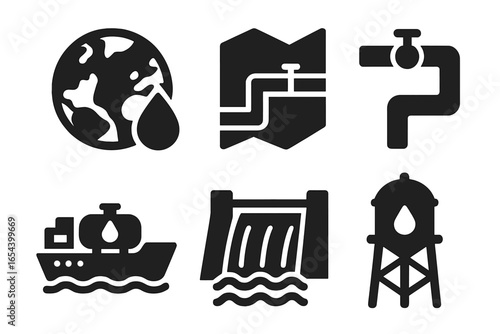 Global water supply icon set. Solid glyph icons of water resources management, infrastructure, and distribution. Vector collection with earth, pipeline map, dam, and tanker.