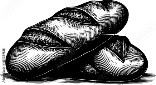 Engraved illustration of ciabatta loaf with airy texture for design and print