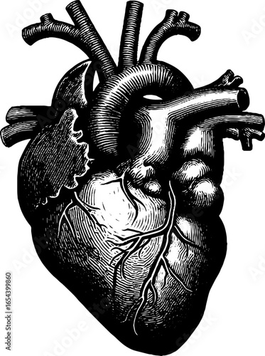 Detailed engraved illustration of human heart circulatory system - vintage medical diagram for educational and design purposes