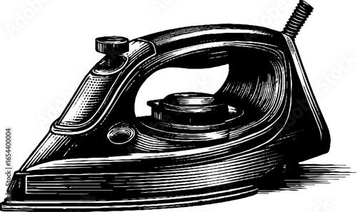 Engraved vintage clothes iron illustration retro sketch hand drawn engraving silhouette woodcut label etch.