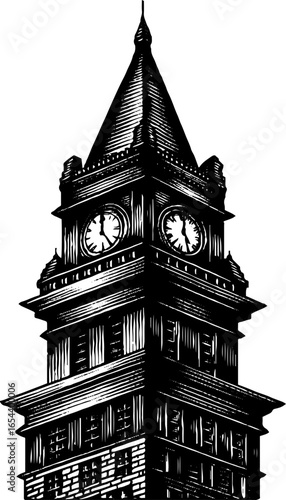 Vintage engraved illustration of clock tower for retro design and art projects